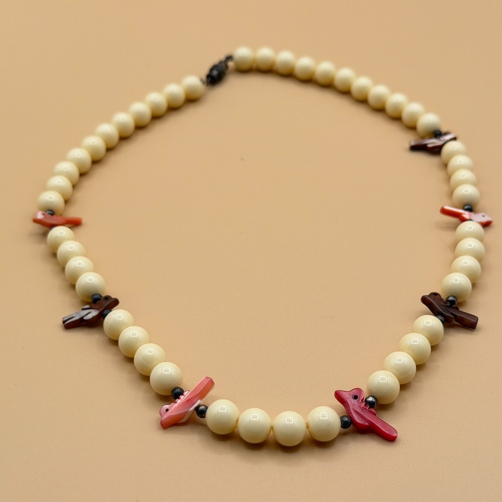 Cream Beaded Bird Necklace Carved Shell Birds Vintage Boho Statement Jewelry